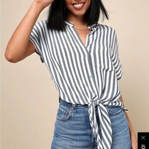 Lulu’s Newport Beach Striped Button Front Tie Waist Shirt, XS